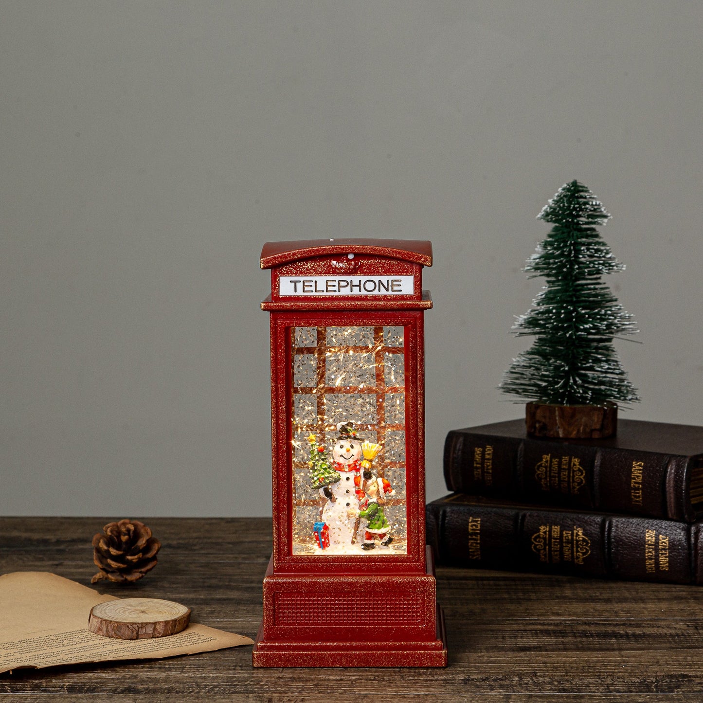 Red Telephone Booth Snow Globe - Snowman