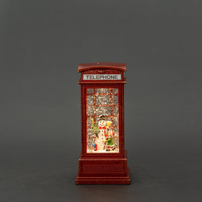 Red Telephone Booth Snow Globe - Snowman