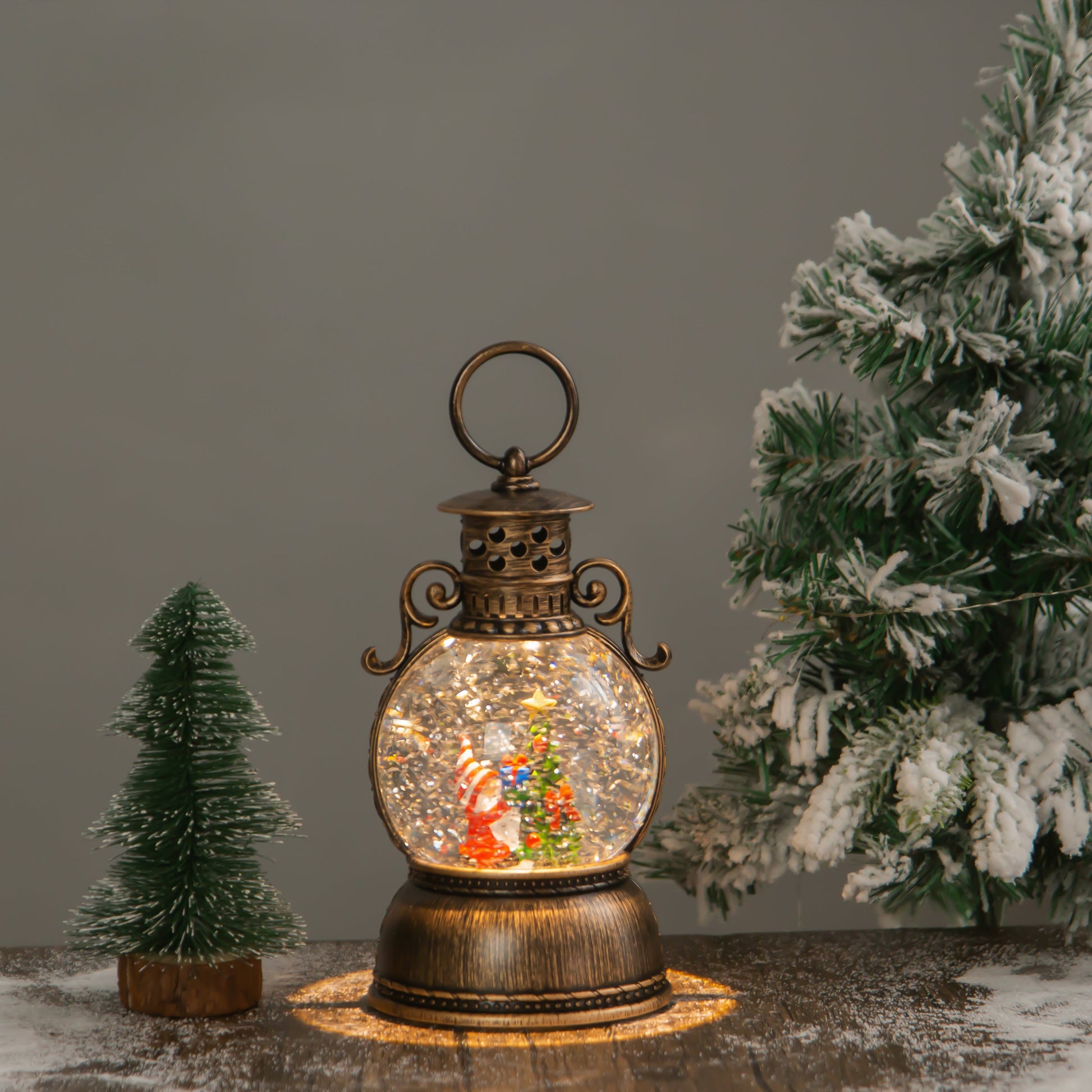 vintage camp lantern christmas snow globe gnome/christmas tree