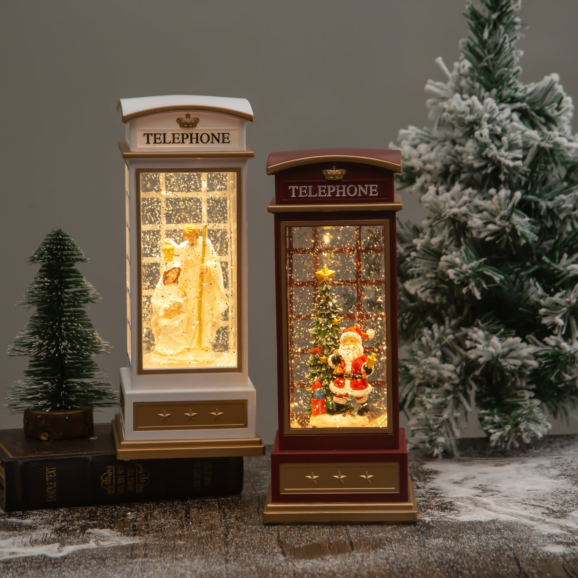 Telephone booth christmas snow globe group 2 front view