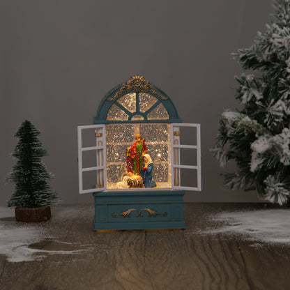 window christmas snow globe nativity