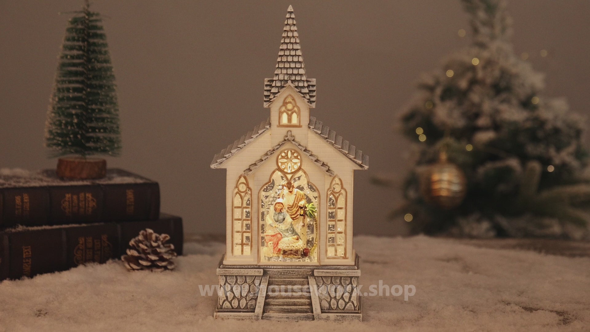 church christmas snow globe nativity video