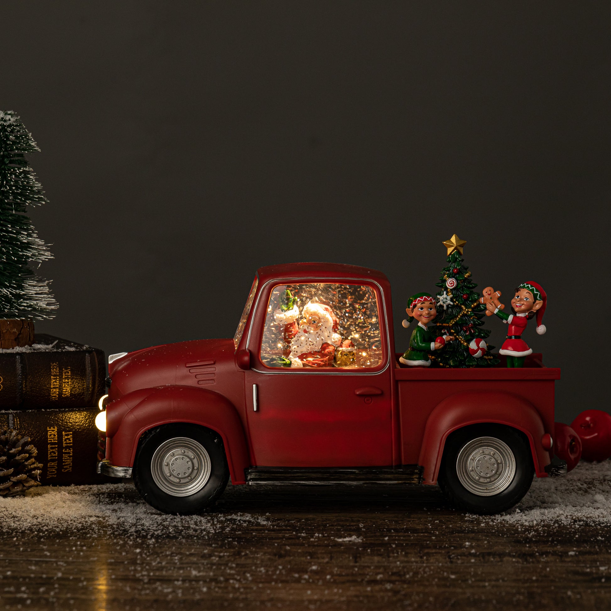 Pick up truck christmas snow globe tree and elves