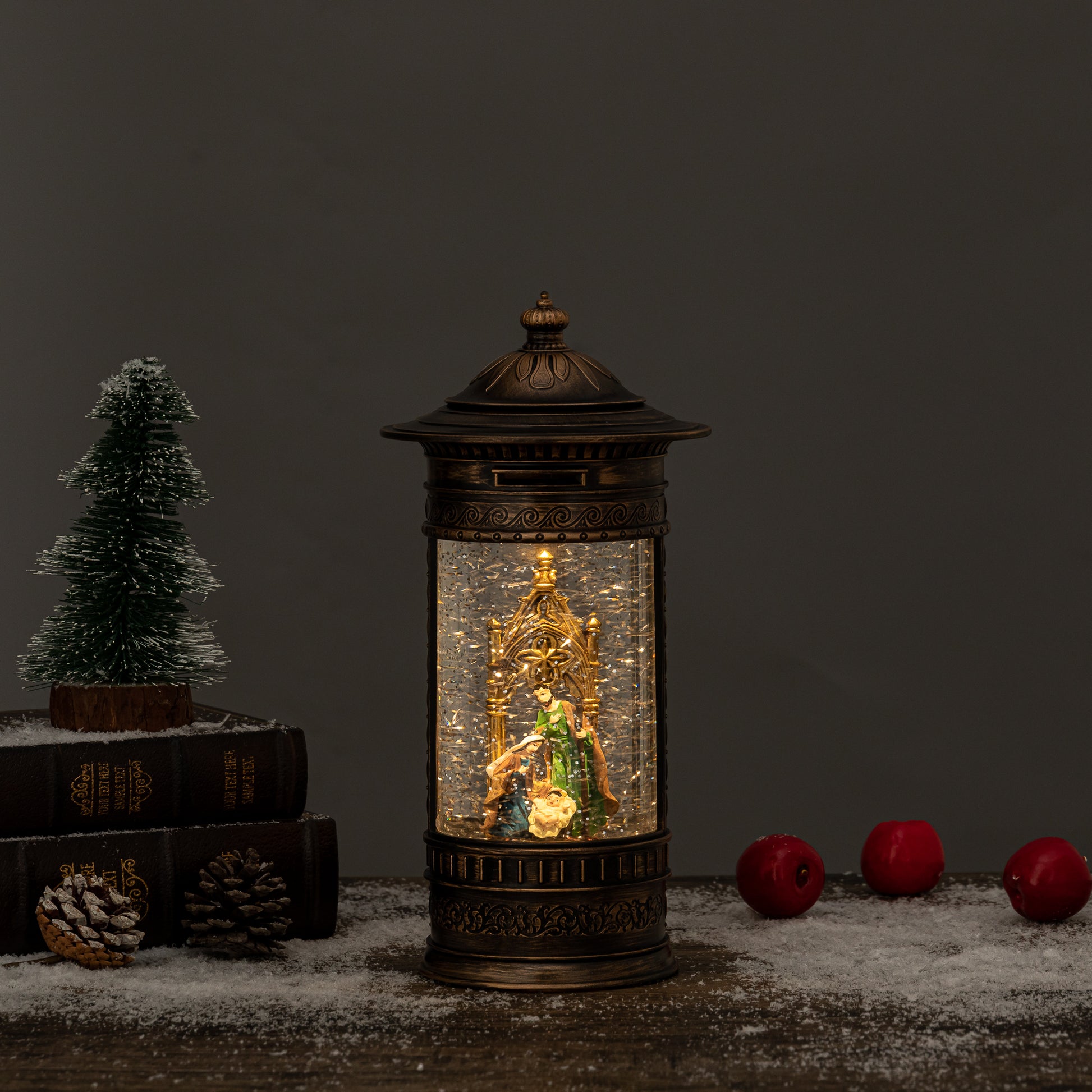 Post Lamp Large Christmas snow globe nativity