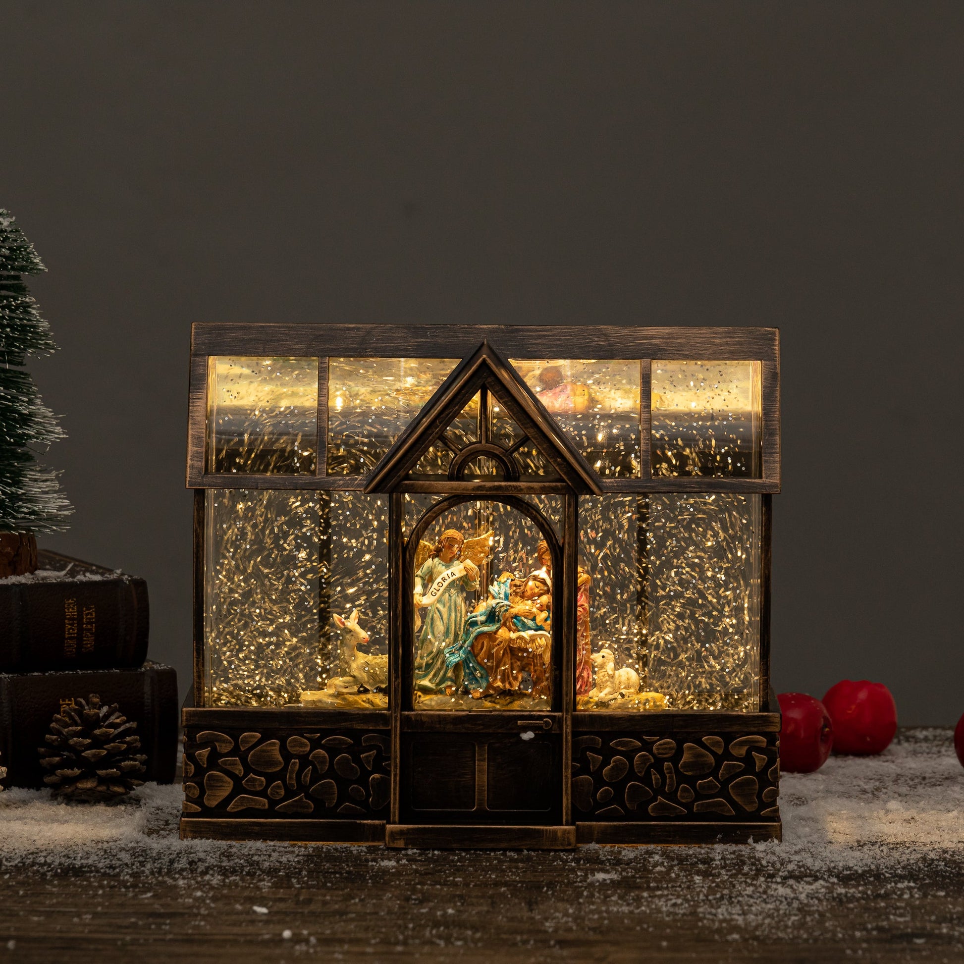 green/glass house christmas snow globe nativity